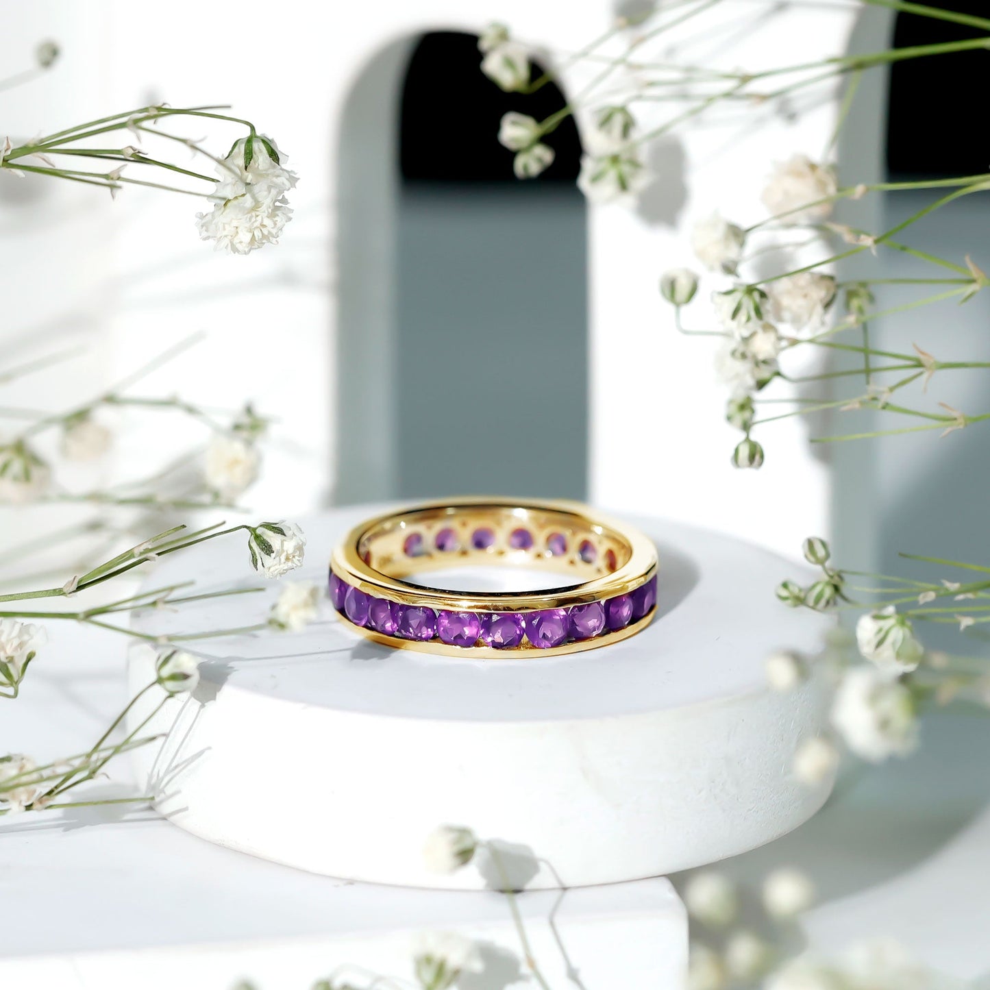Round Shape Amethyst Eternity Ring in Channel Setting