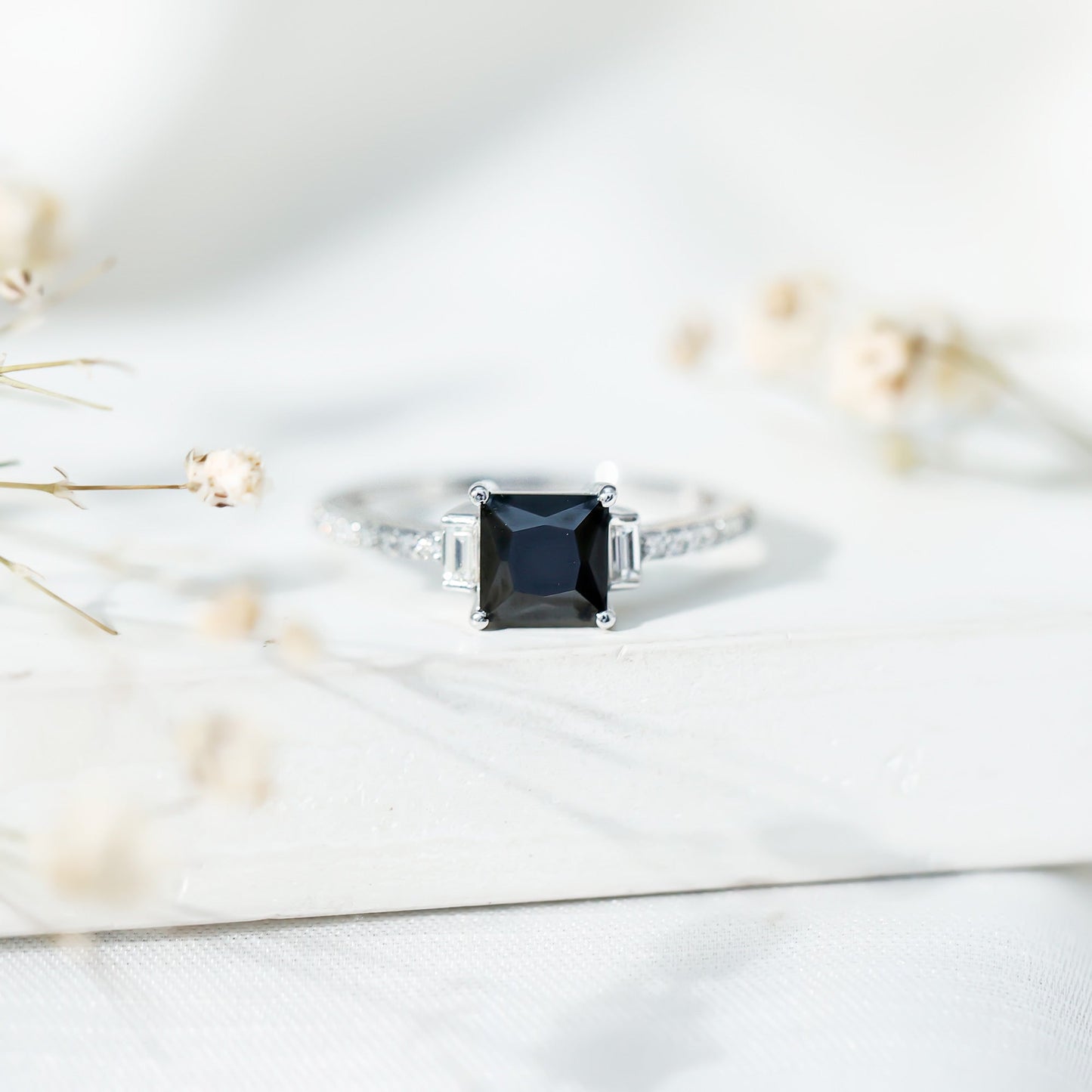 Princess Cut Created Black Diamond Solitaire Ring with Diamond Side Stones