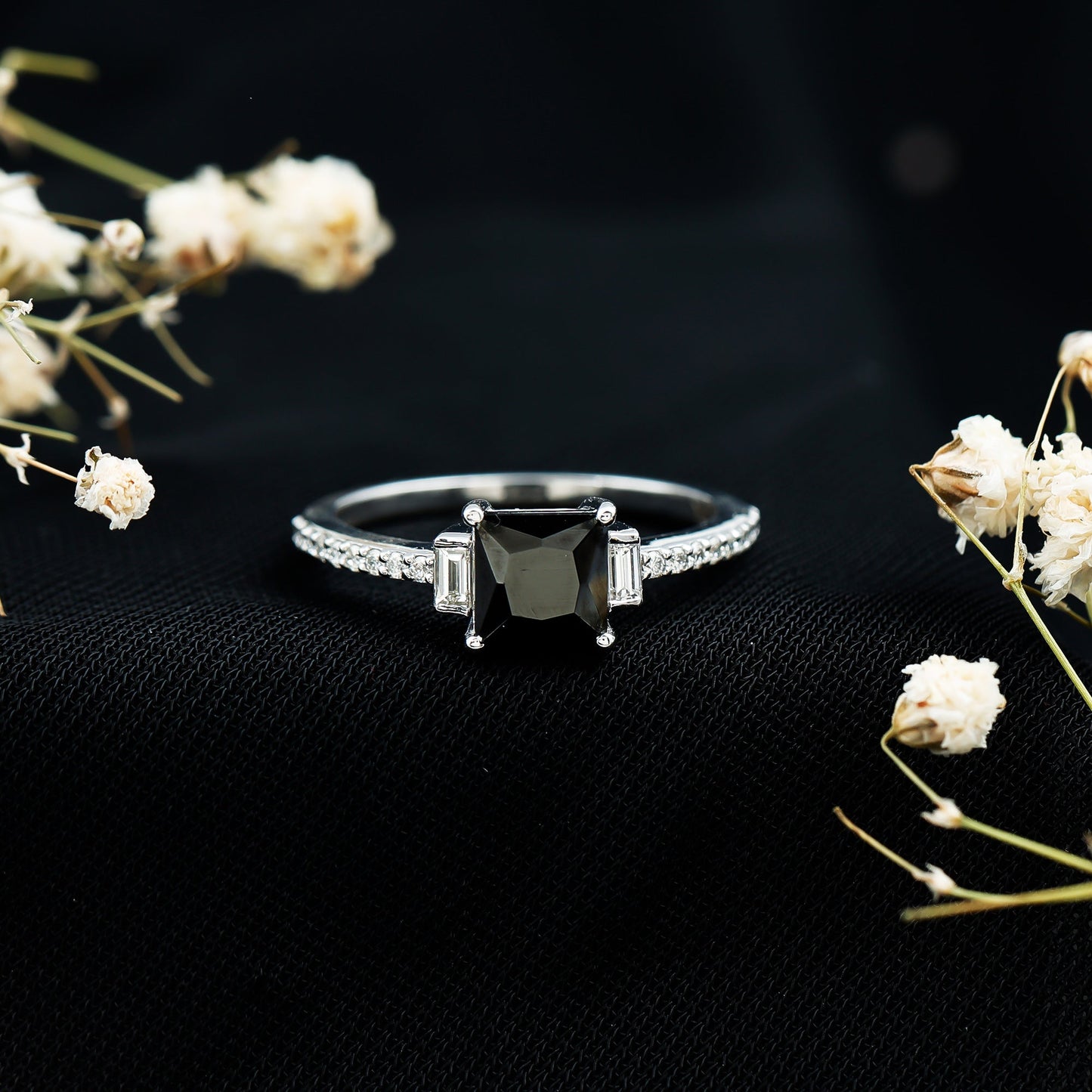 Princess Cut Created Black Diamond Solitaire Ring with Diamond Side Stones