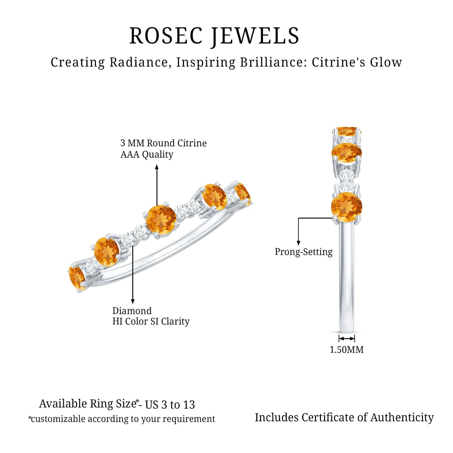 Natural Citrine Diamond Half Eternity Ring for Anniversary