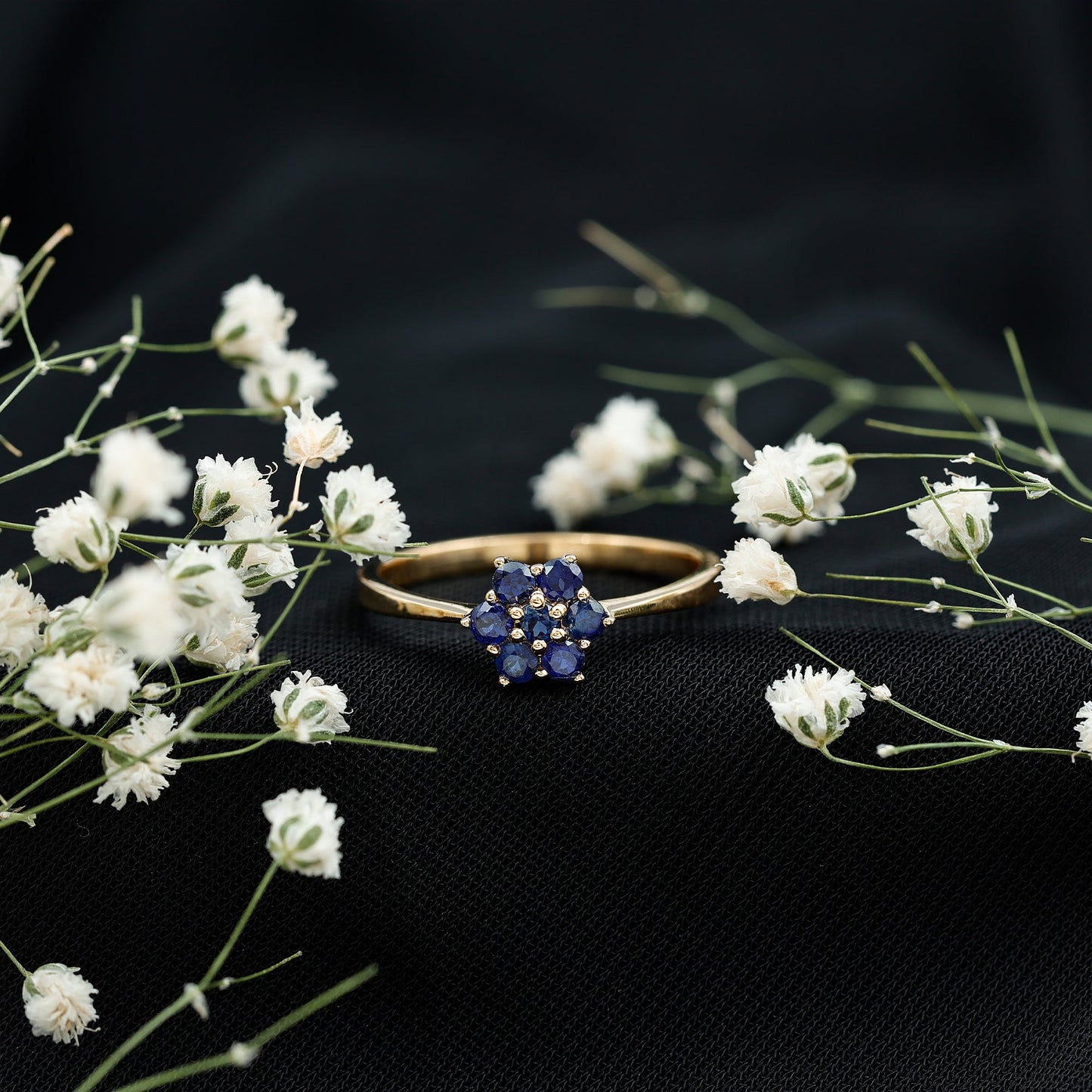 1 CT Round Shape Blue Sapphire Cluster Flower Ring