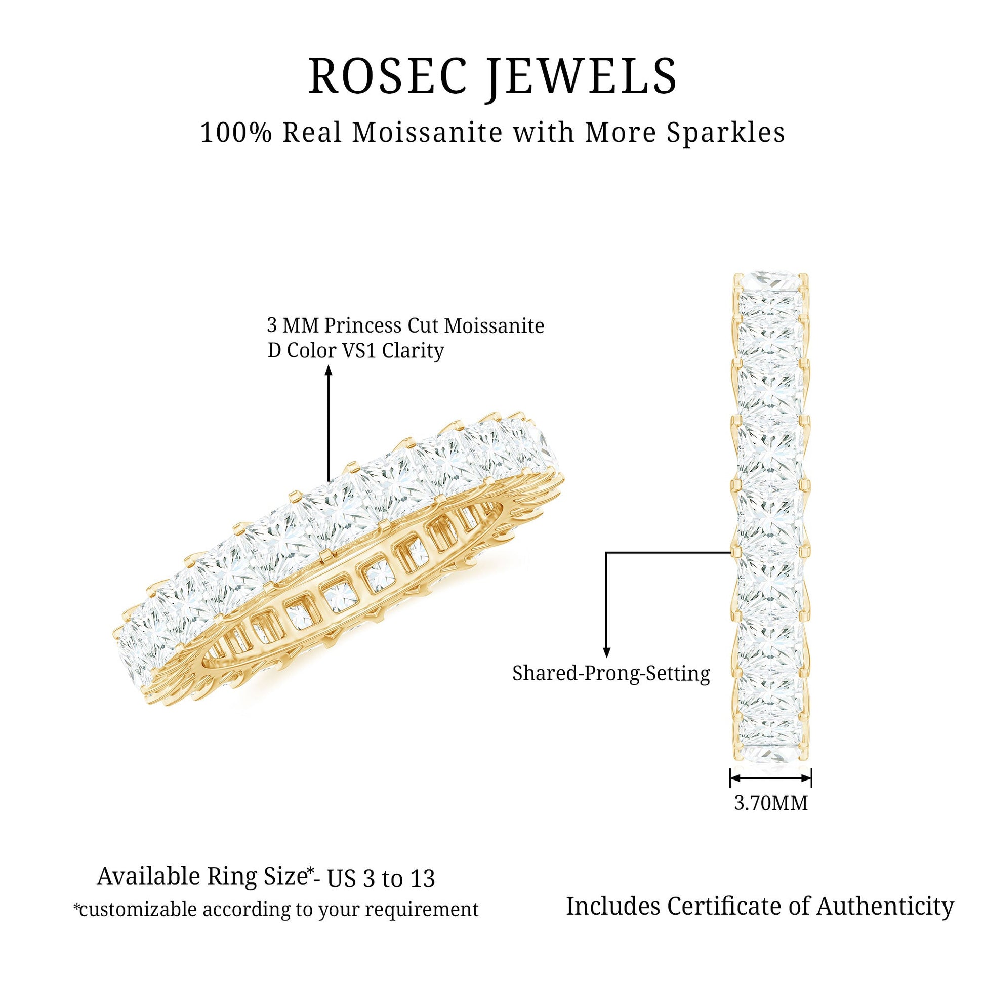 Rosec Jewels ring with moissanite stones on a white background