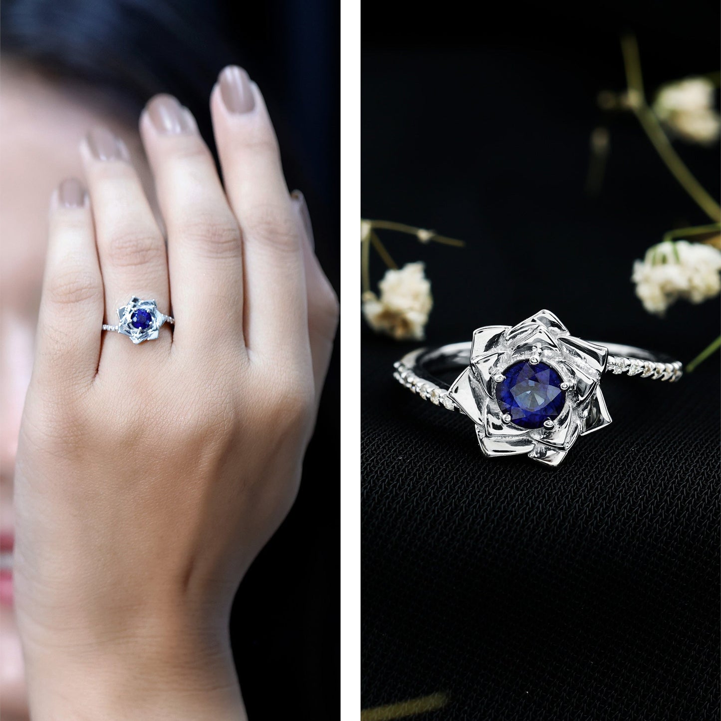 Real Blue Sapphire and Diamond Flower Ring with Bypass Shank
