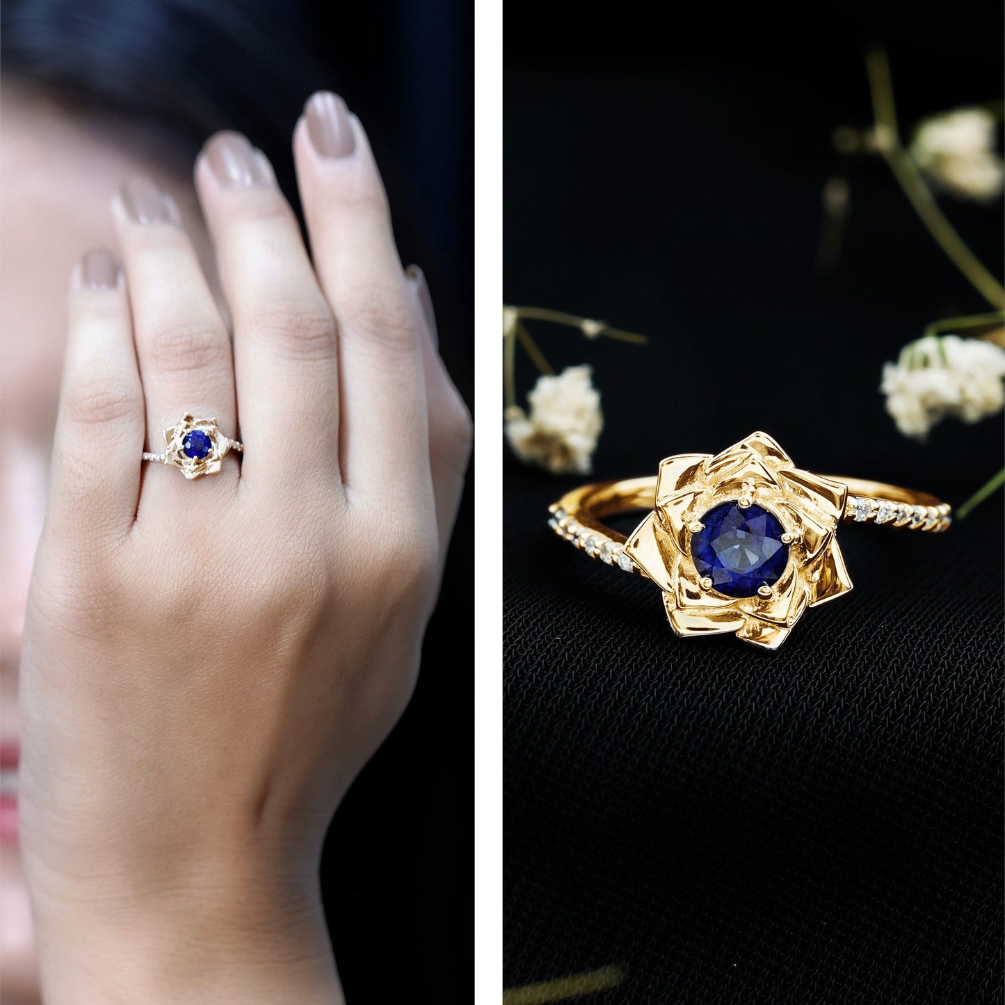 Real Blue Sapphire and Diamond Flower Ring with Bypass Shank