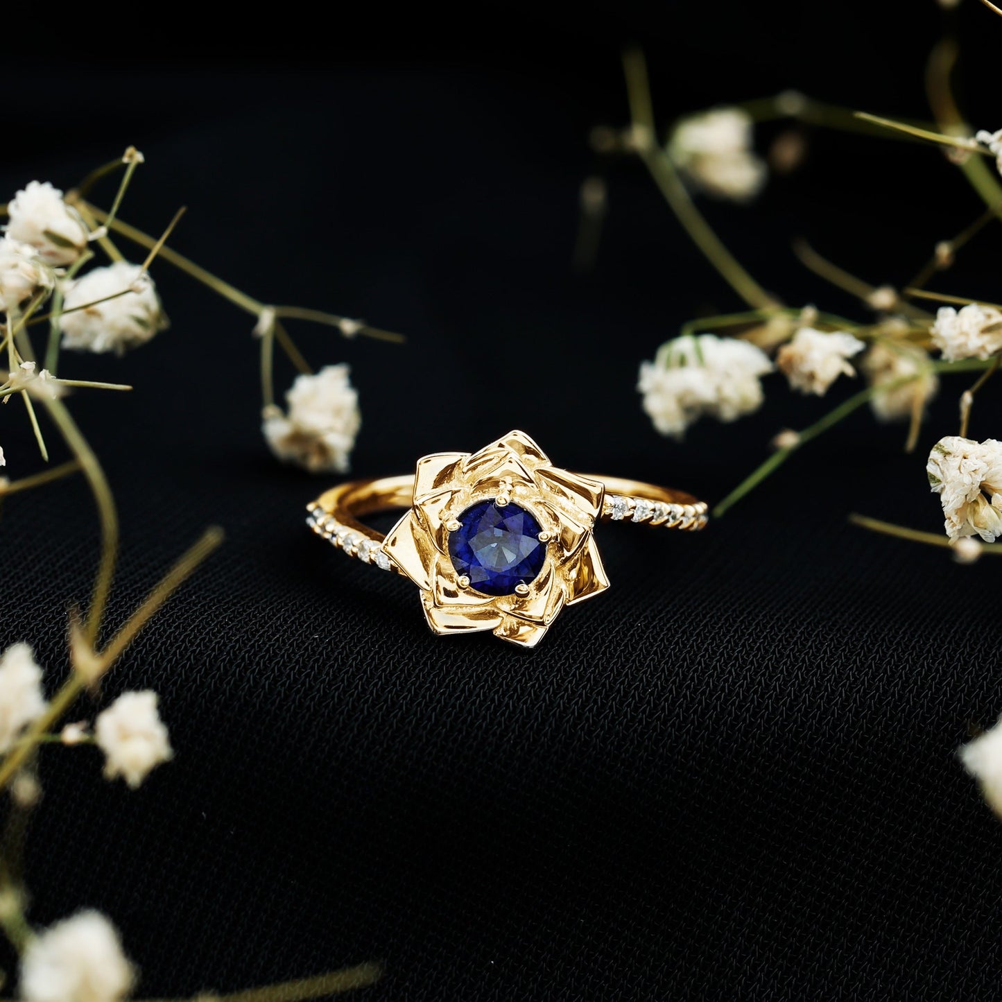 Real Blue Sapphire and Diamond Flower Ring with Bypass Shank