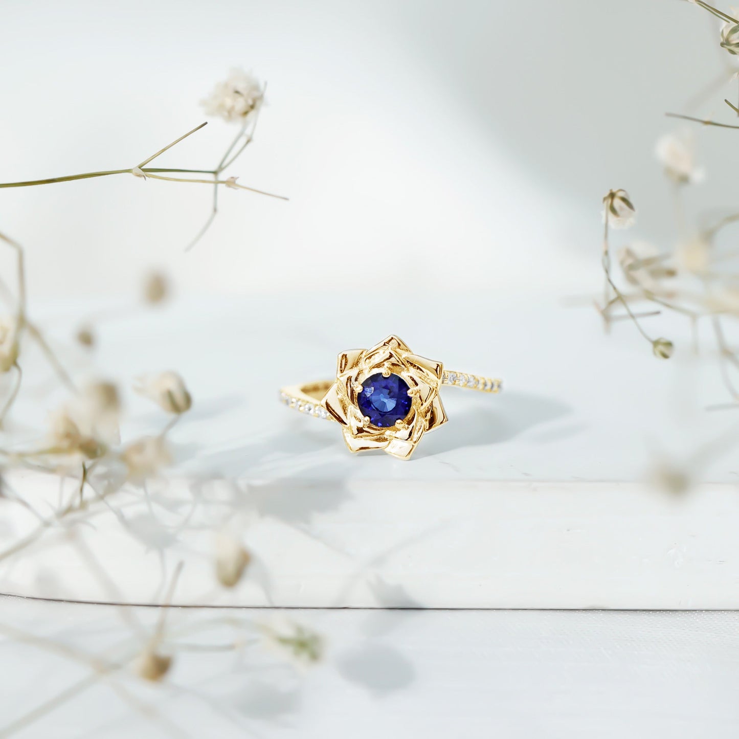Real Blue Sapphire and Diamond Flower Ring with Bypass Shank