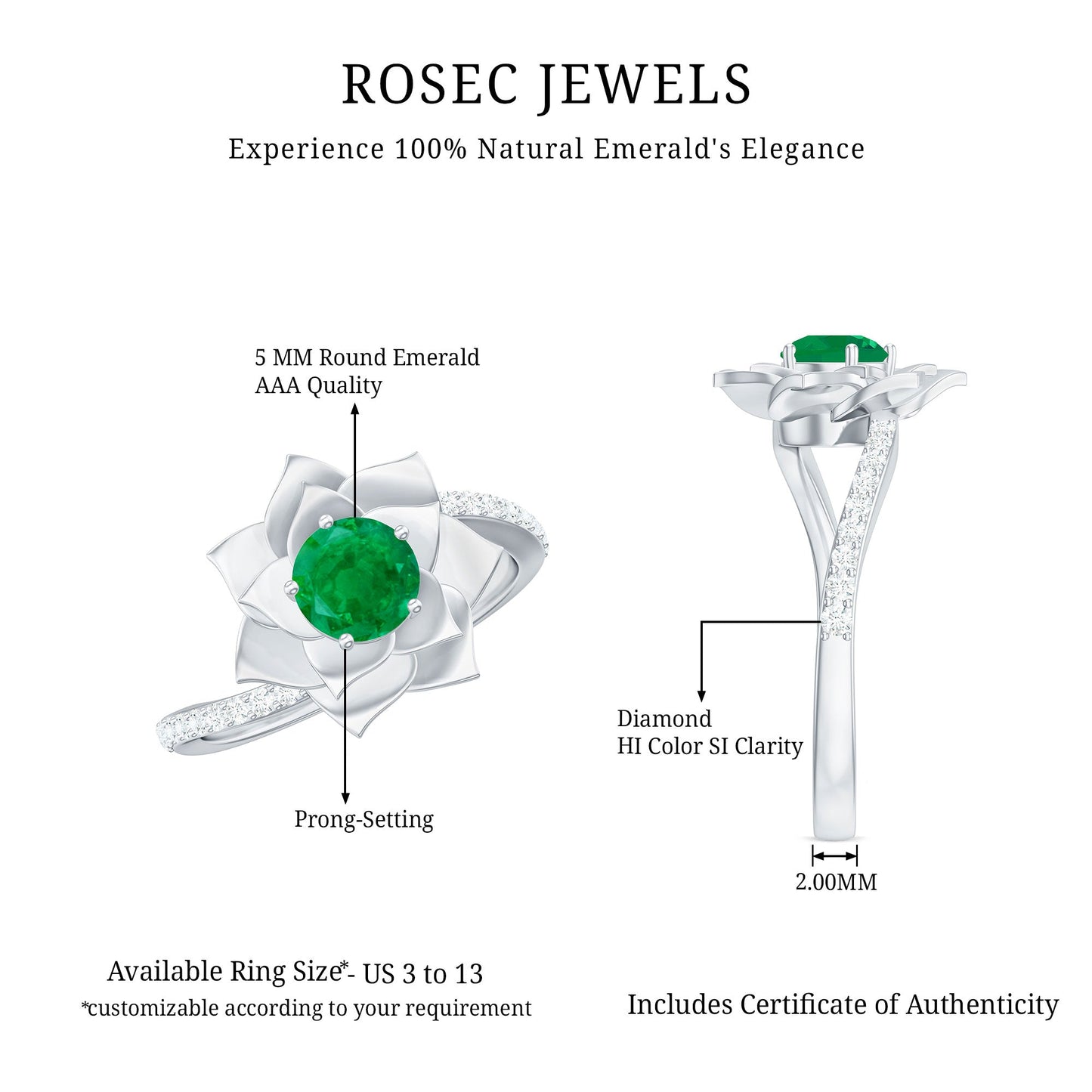 Certified Real Emerald Flower Engagement Ring with Diamond Bypass Shank