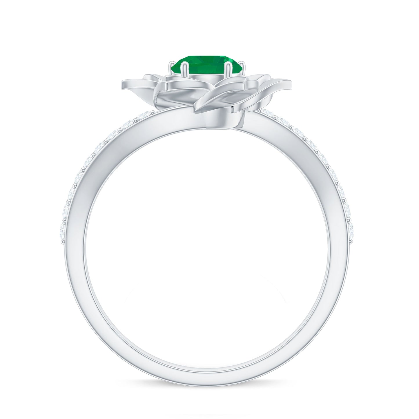Certified Real Emerald Flower Engagement Ring with Diamond Bypass Shank