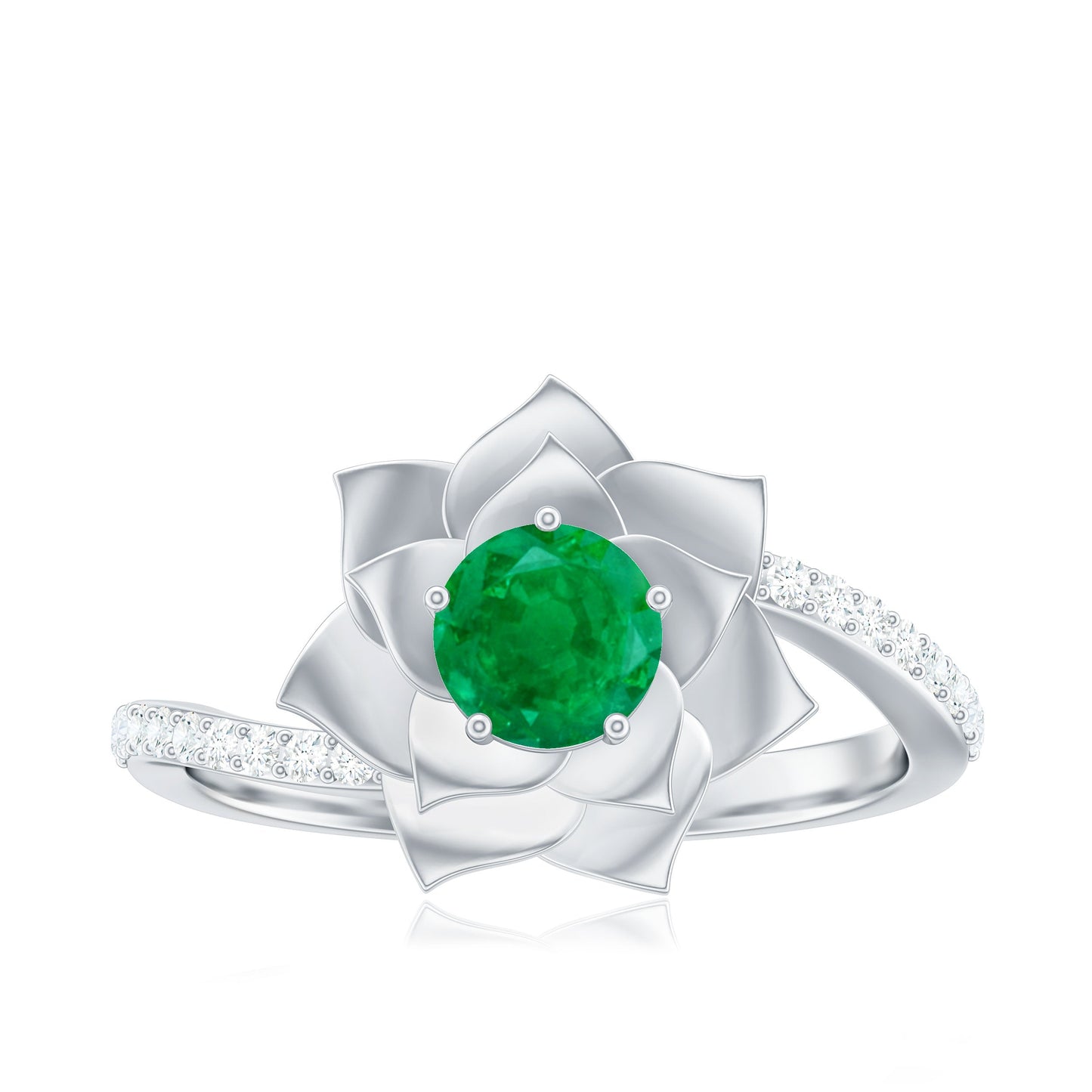 Certified Real Emerald Flower Engagement Ring with Diamond Bypass Shank