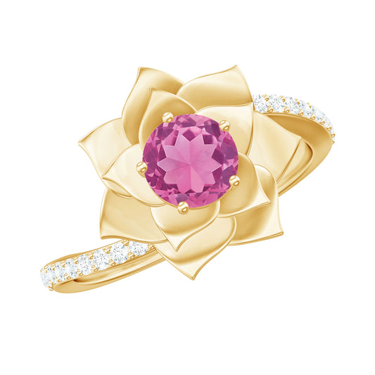 Pink Tourmaline and Diamond Flower Engagement Ring with Bypass Shank