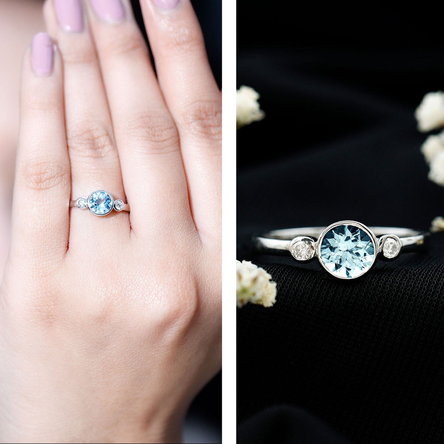 Bezel Set Aquamarine Solitaire Engagement Ring with Diamond