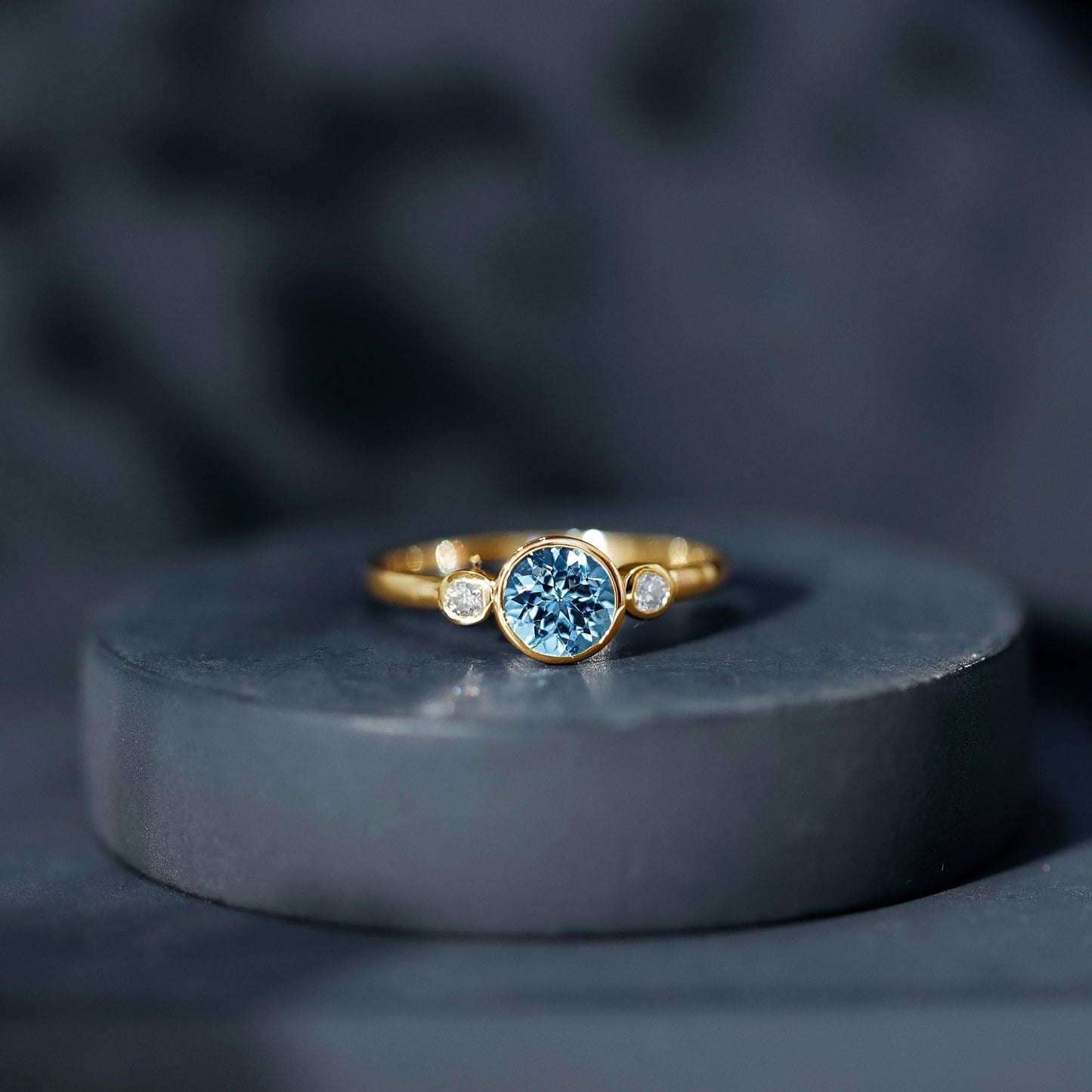 Bezel Set Aquamarine Solitaire Engagement Ring with Diamond