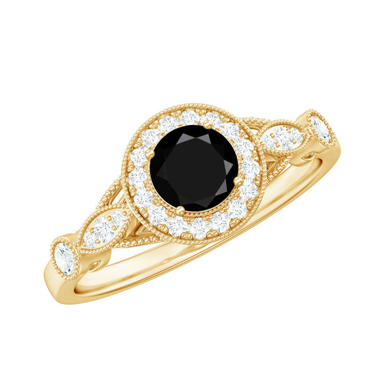 Created Black Diamond Antique Style Engagement Ring with Diamond