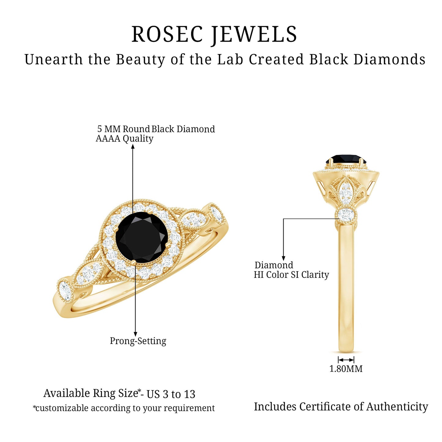 Created Black Diamond Antique Style Engagement Ring with Diamond