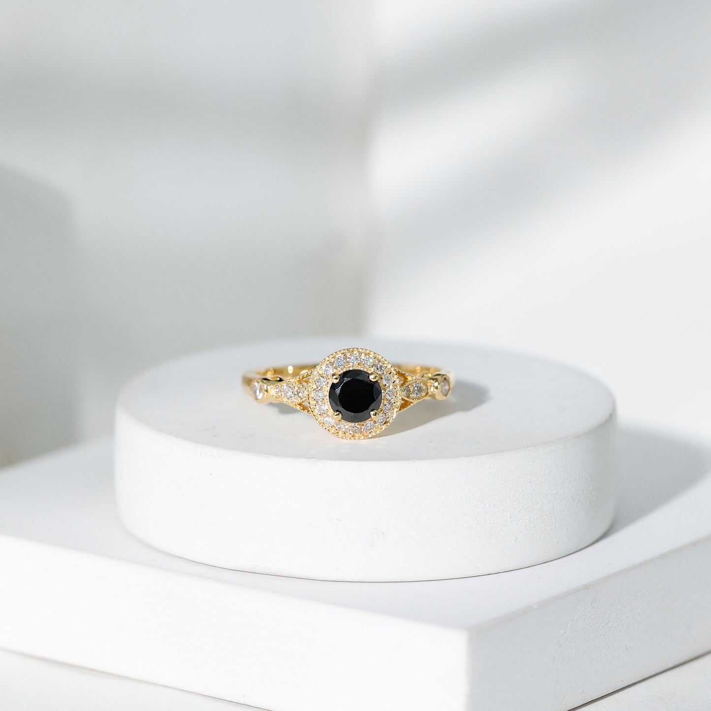 Created Black Diamond Antique Style Engagement Ring with Diamond