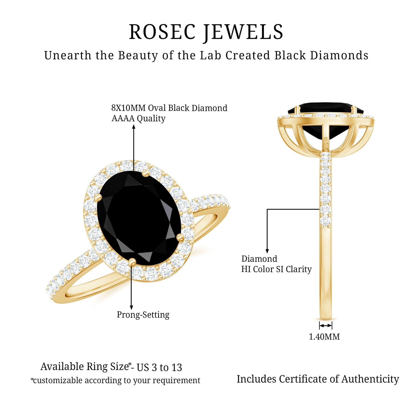 3 CT Oval Shape Created Black Diamond and Diamond Halo Engagement Ring
