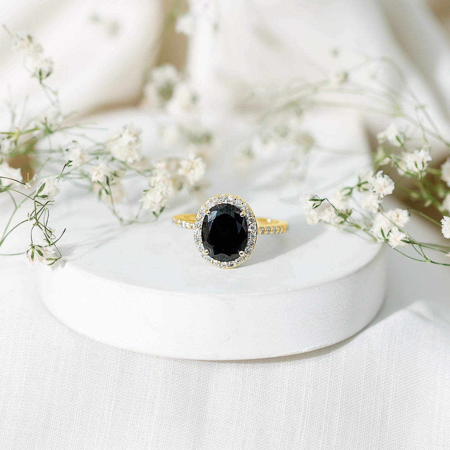 3 CT Oval Shape Created Black Diamond and Diamond Halo Engagement Ring