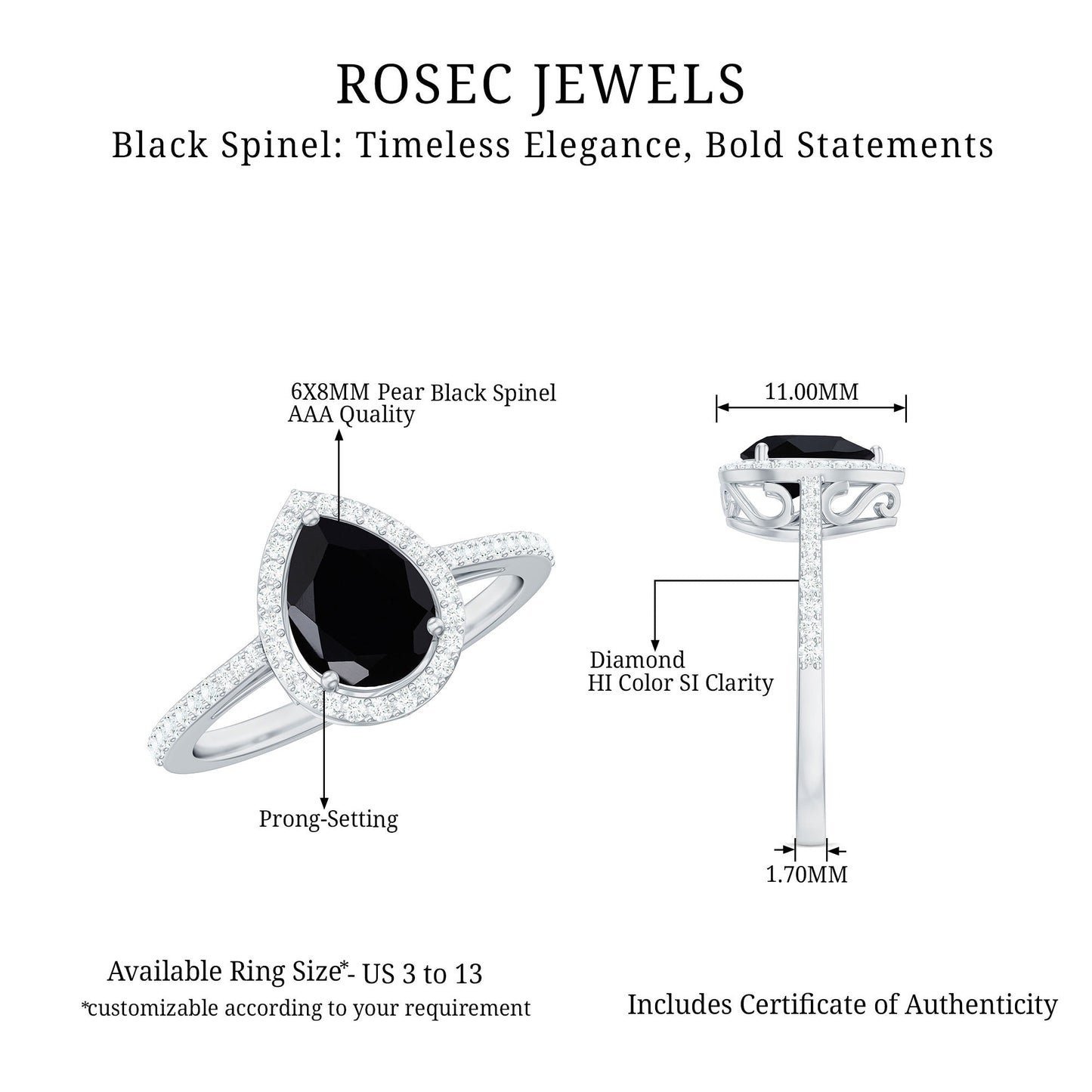 Natural Black Spinel Teardrop Engagement Ring with Diamond Halo