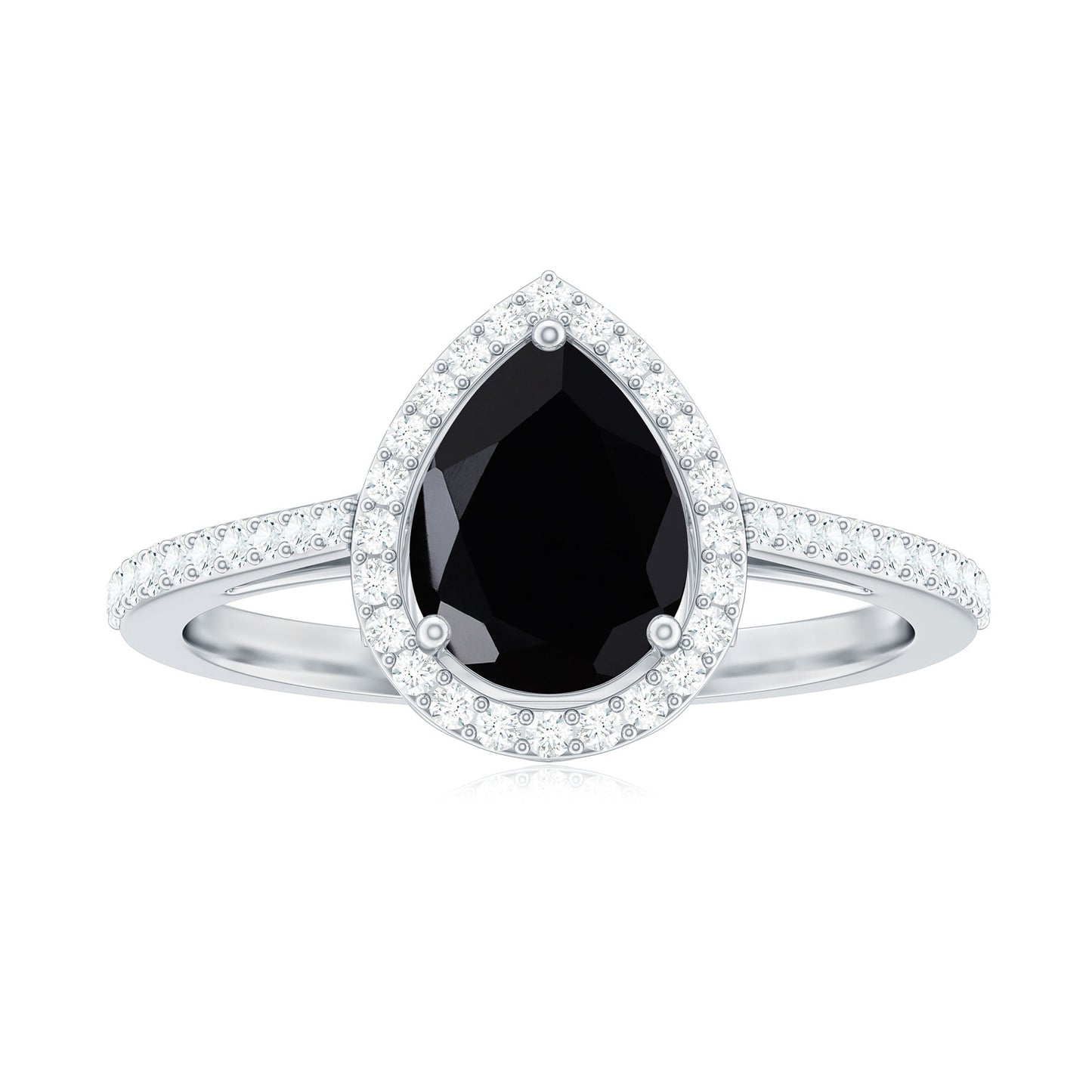 Natural Black Spinel Teardrop Engagement Ring with Diamond Halo