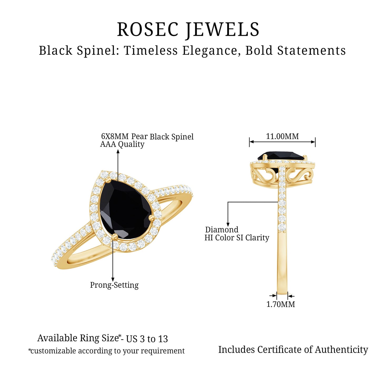 Natural Black Spinel Teardrop Engagement Ring with Diamond Halo