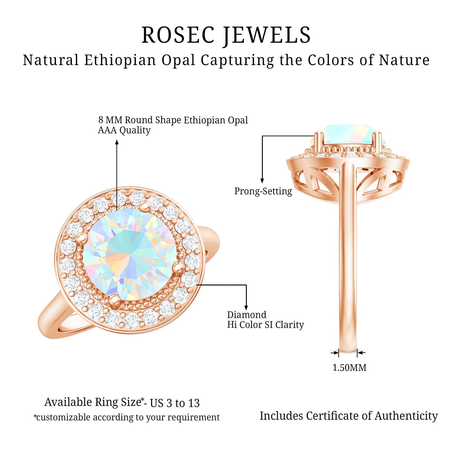 Vintage Inspired 8mm Ethiopian Opal Engagement Ring with Diamond Halo