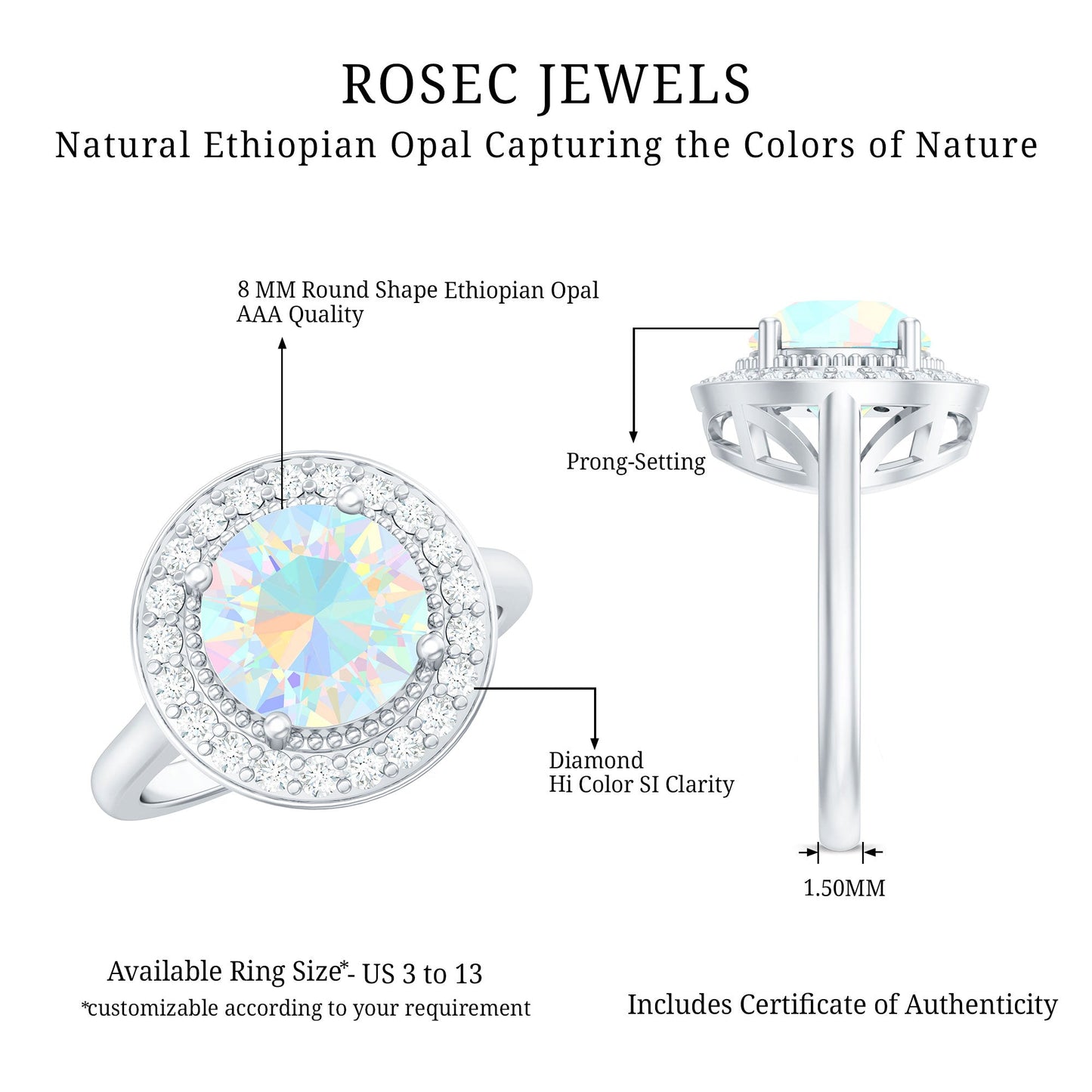 Vintage Inspired 8mm Ethiopian Opal Engagement Ring with Diamond Halo