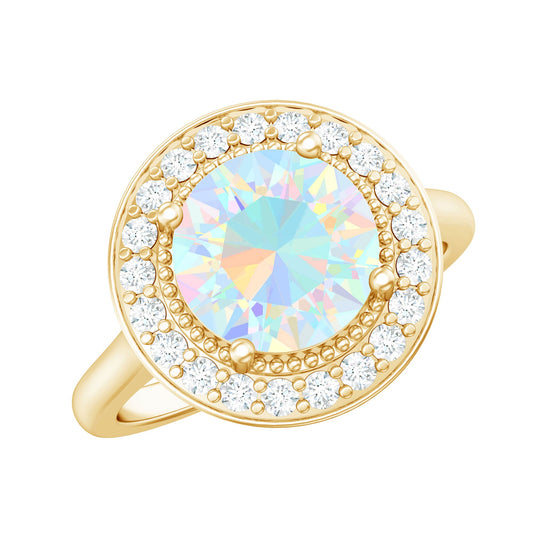 Vintage Inspired 8mm Ethiopian Opal Engagement Ring with Diamond Halo