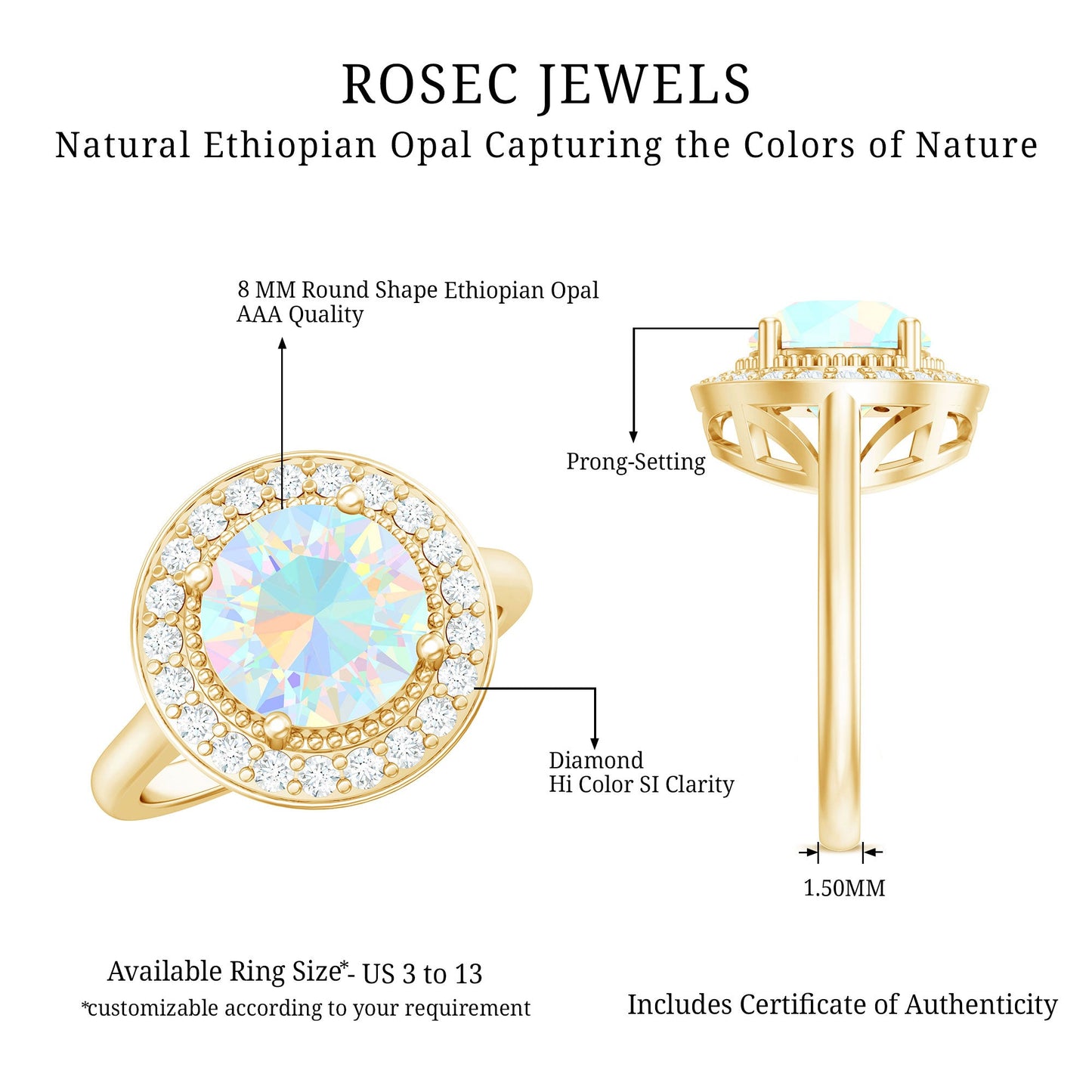Vintage Inspired 8mm Ethiopian Opal Engagement Ring with Diamond Halo