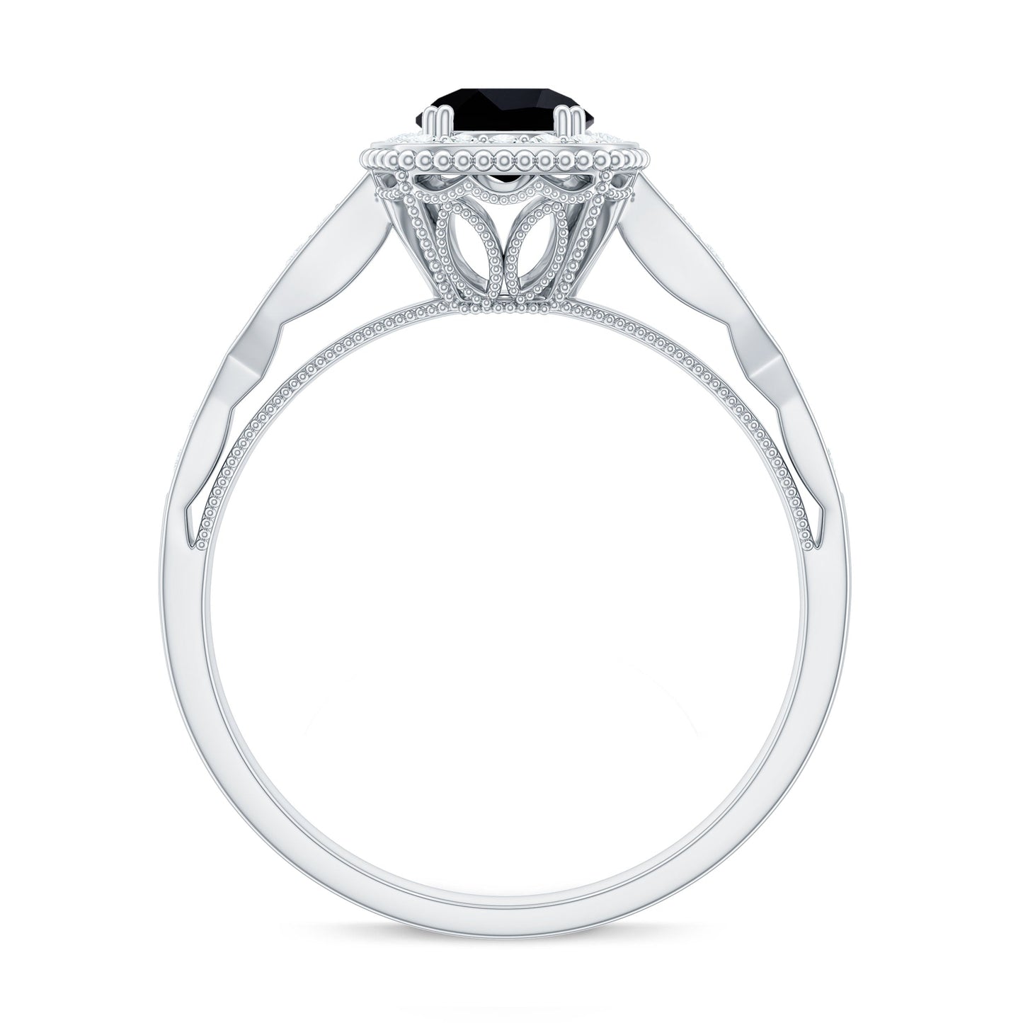 5mm Round Shape Black Onyx Vintage Engagement Ring with Diamond Halo