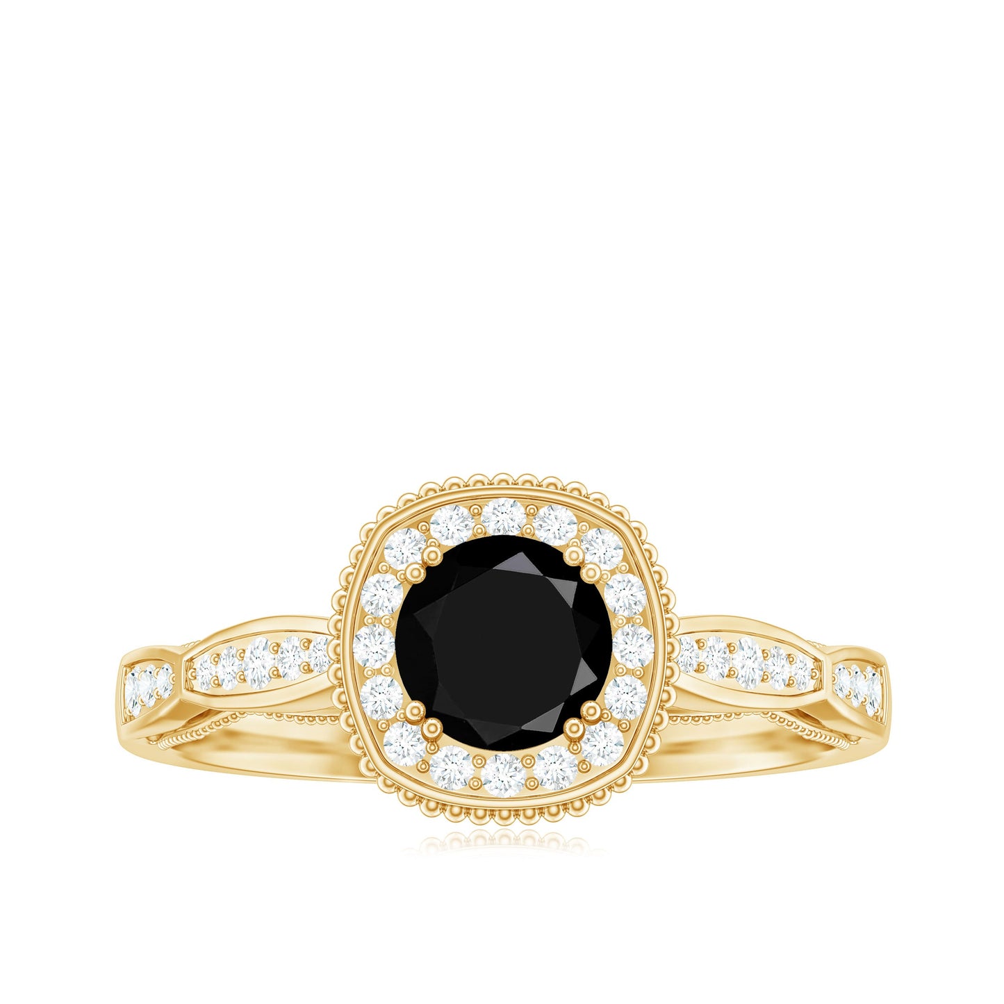 5mm Round Shape Black Onyx Vintage Engagement Ring with Diamond Halo