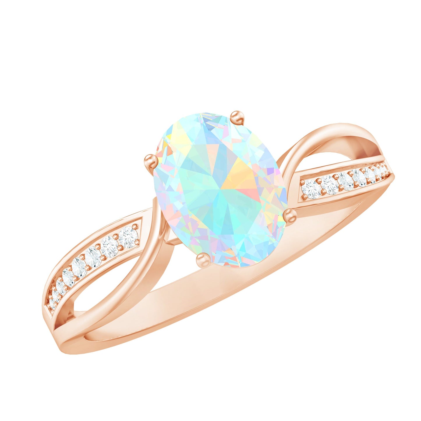 Natural 6X8 mm Oval Opalescent Diamond Engagement Ring with Split Shank