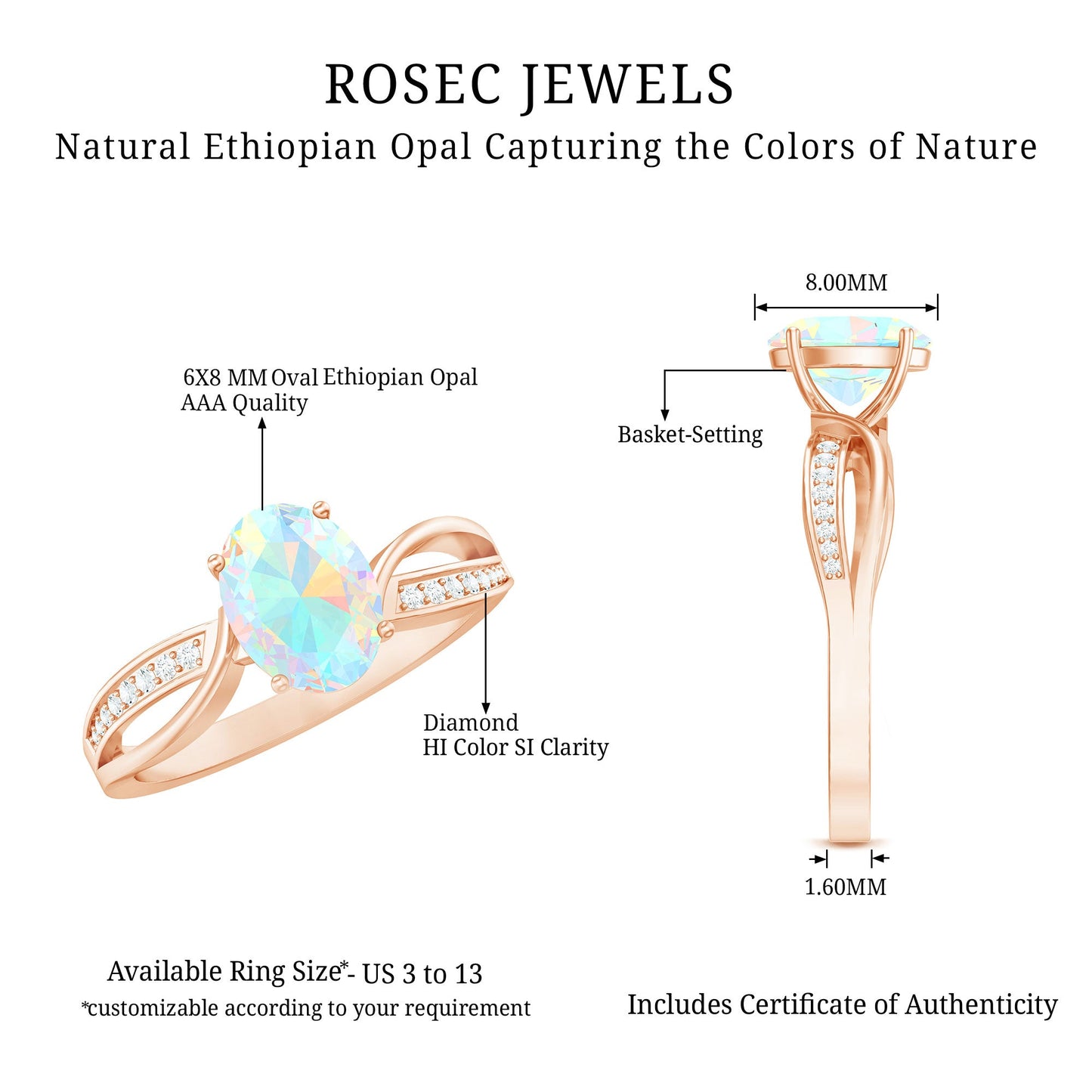 Natural 6X8 mm Oval Opalescent Diamond Engagement Ring with Split Shank