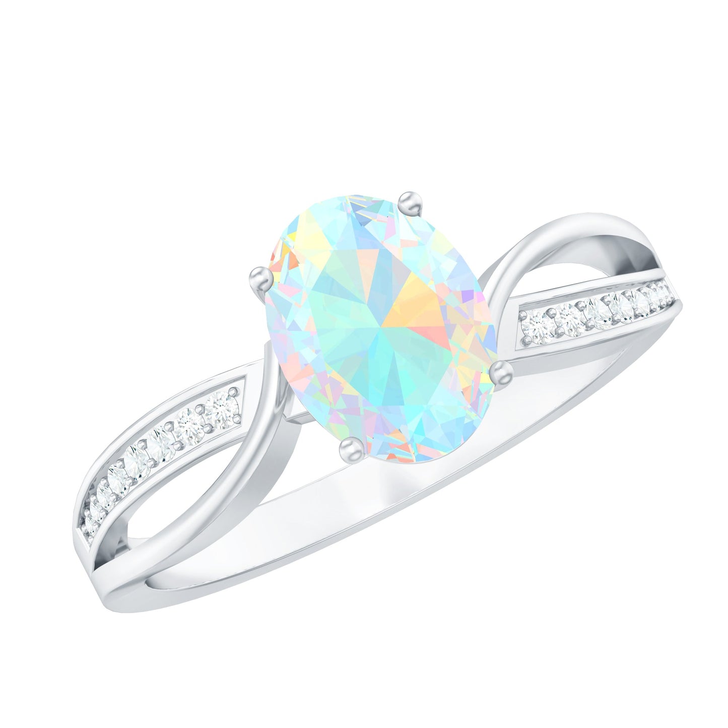 Natural 6X8 mm Oval Opalescent Diamond Engagement Ring with Split Shank