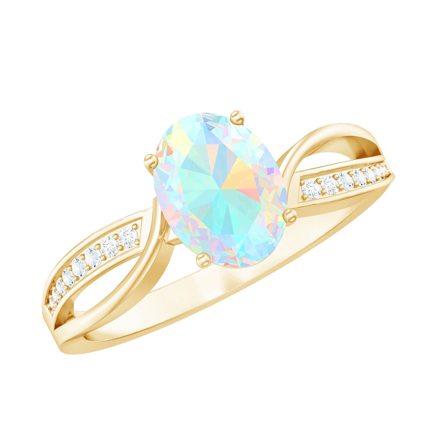 Natural 6X8 mm Oval Opalescent Diamond Engagement Ring with Split Shank