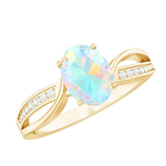 Natural 6X8 mm Oval Opalescent Diamond Engagement Ring with Split Shank