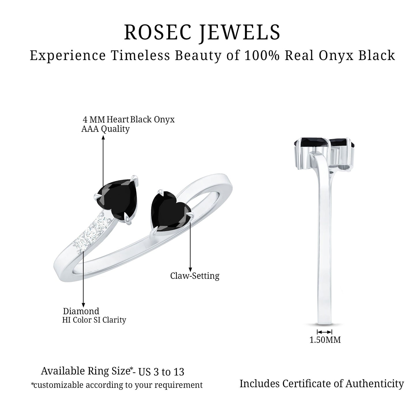 Heart Shape Black Onyx Two Stone Wrap Ring with Diamond