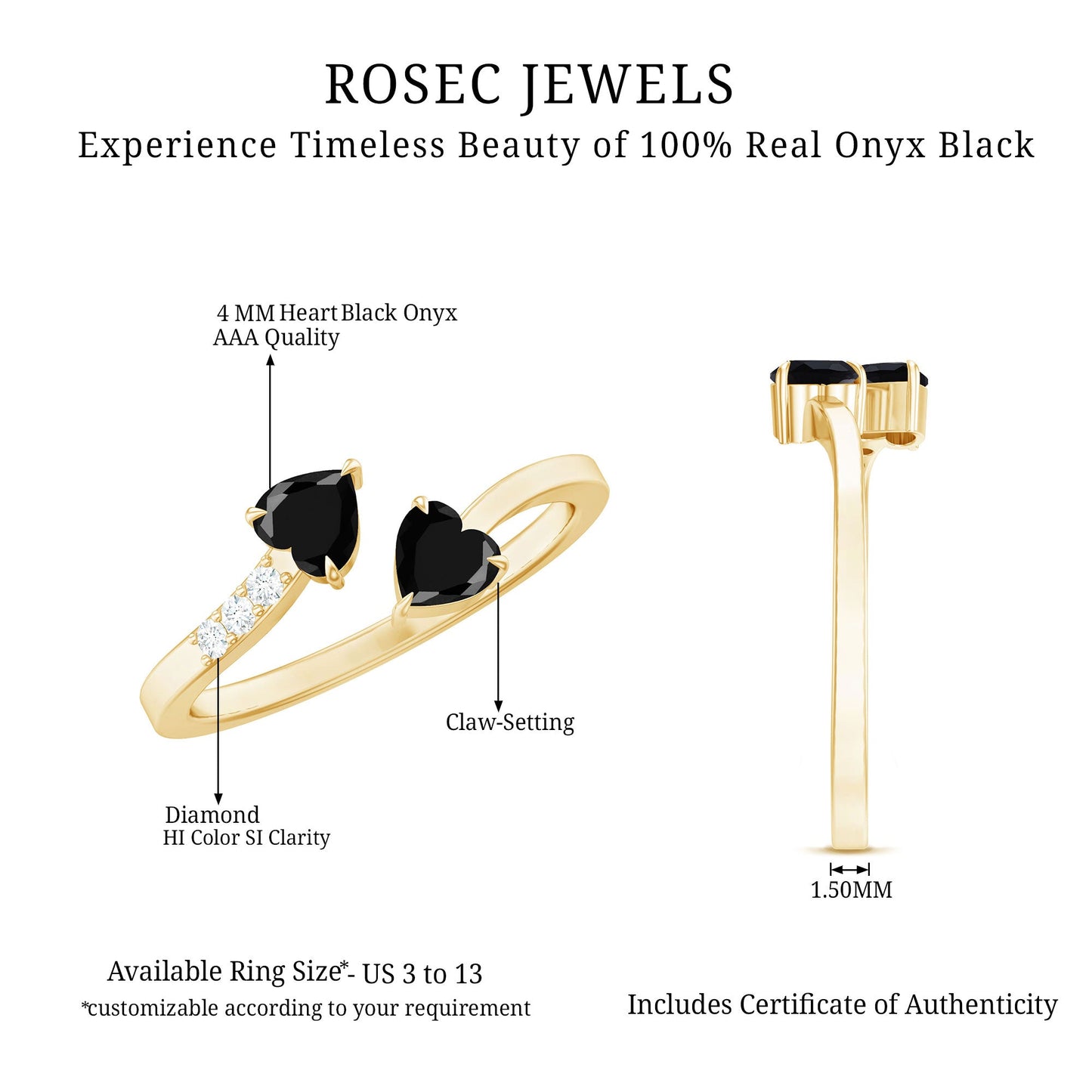 Heart Shape Black Onyx Two Stone Wrap Ring with Diamond