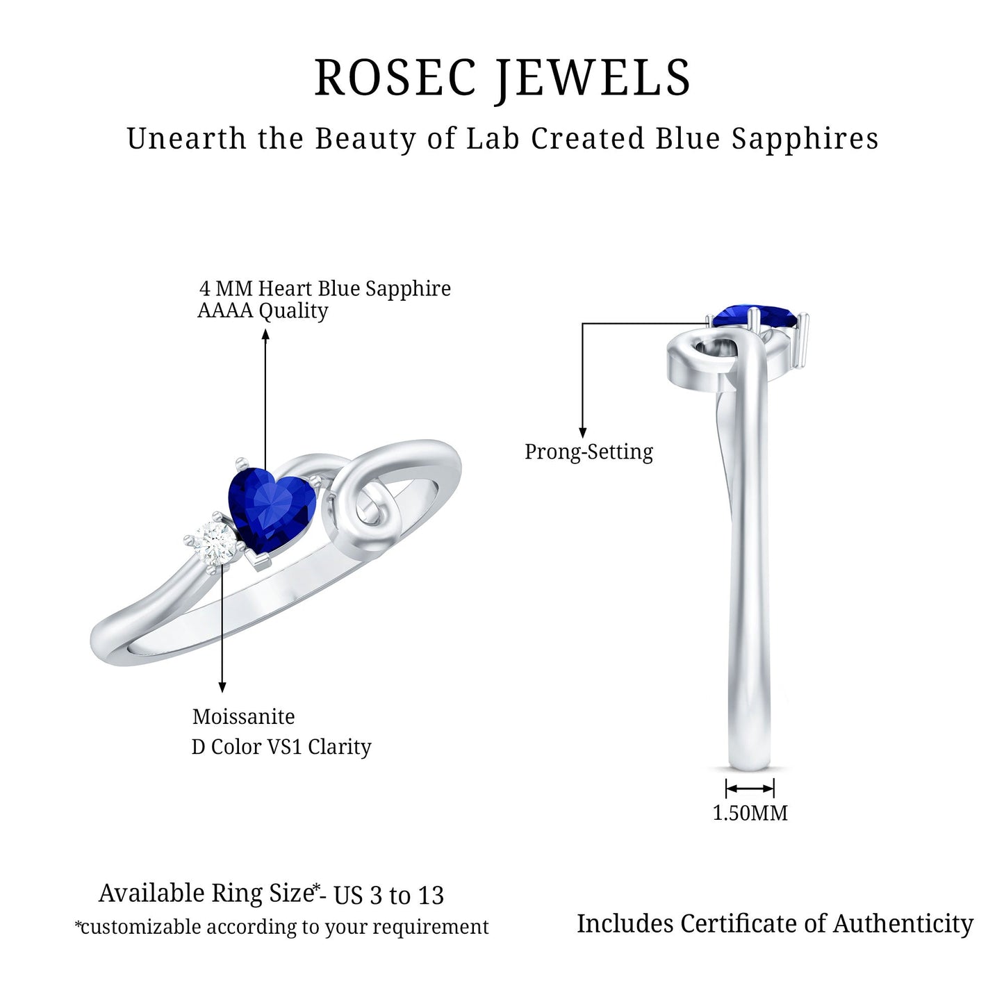 Certified Lab Grown Blue Sapphire Twisted Heart Promise Ring