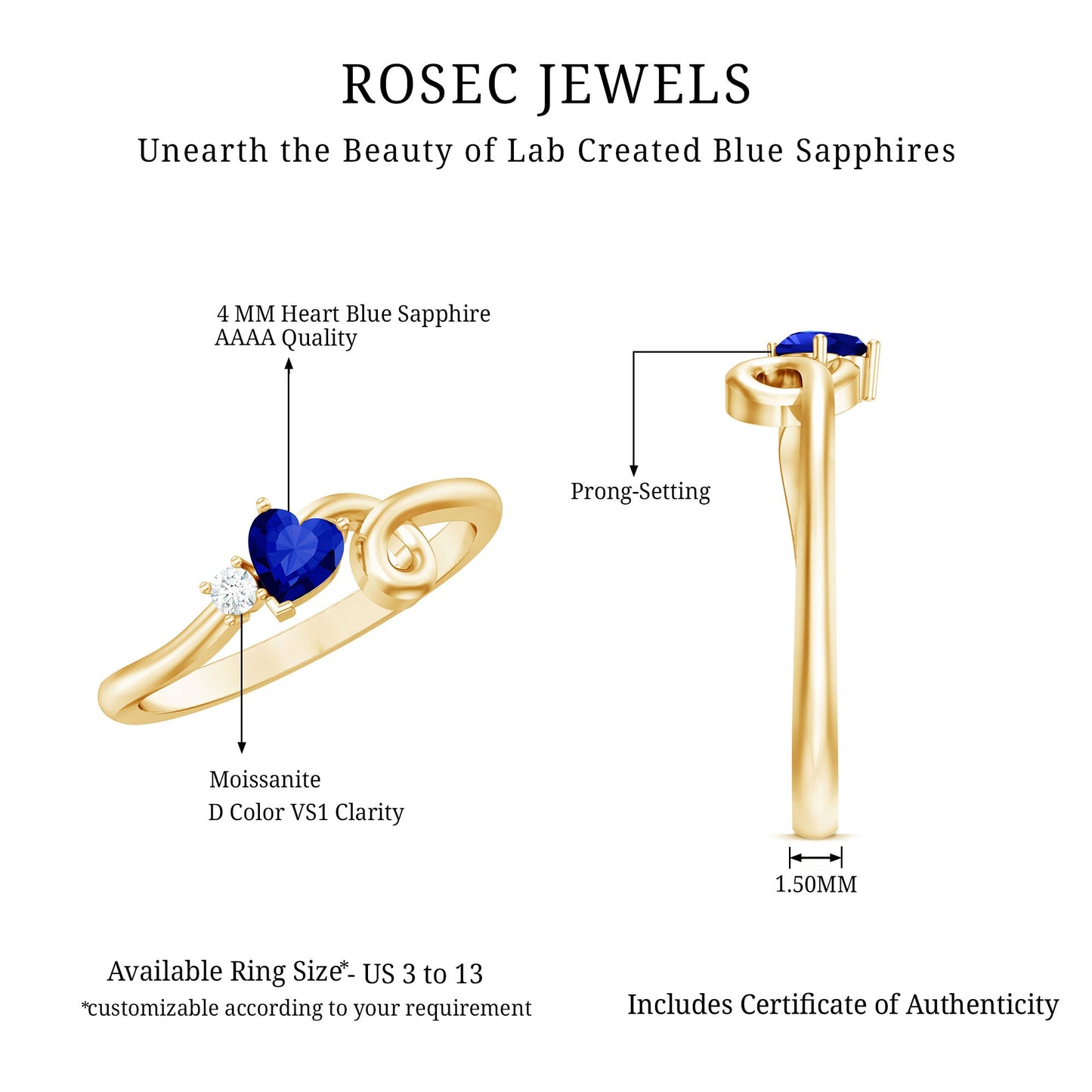 Certified Lab Grown Blue Sapphire Twisted Heart Promise Ring
