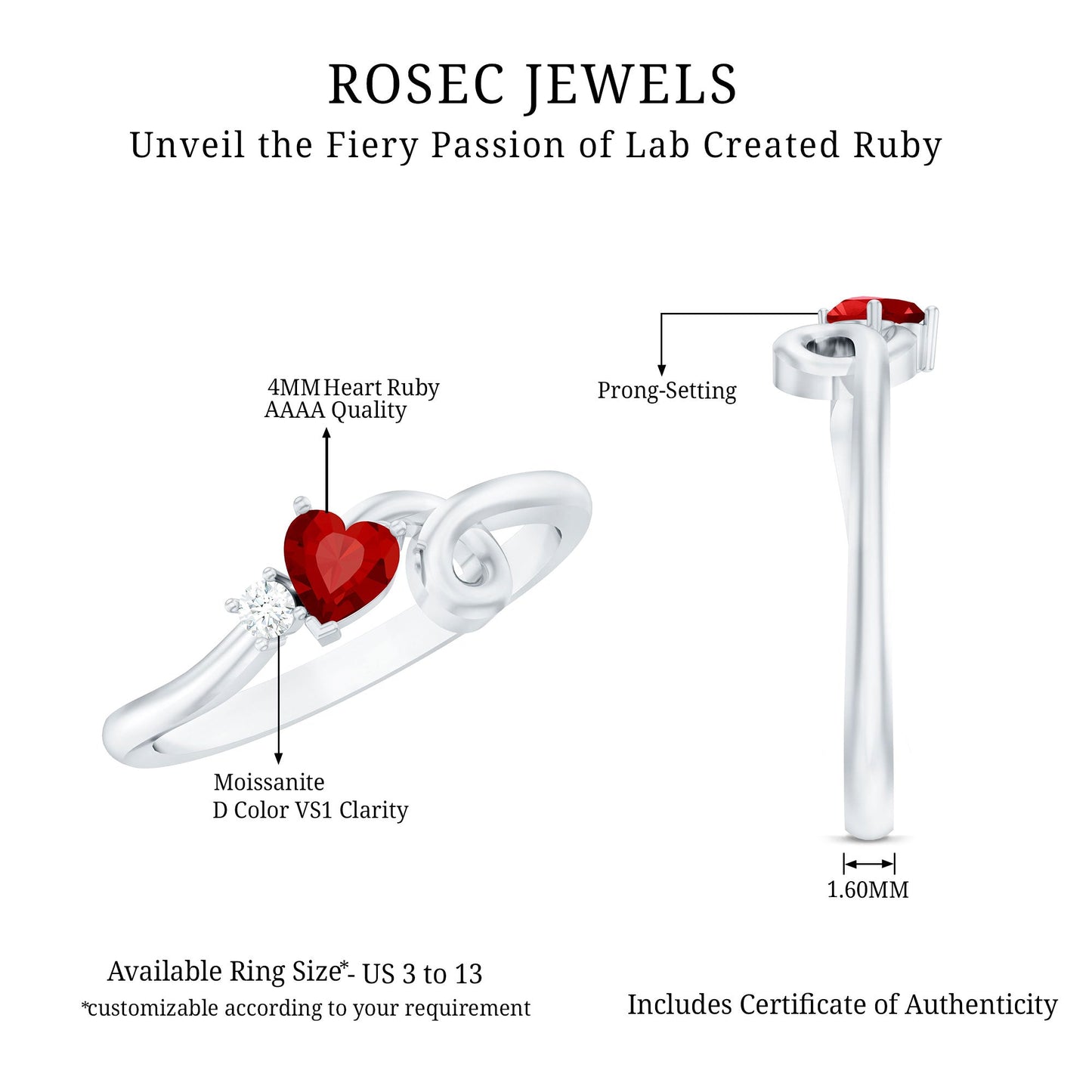 Created Ruby Heart Ring With Moissanite