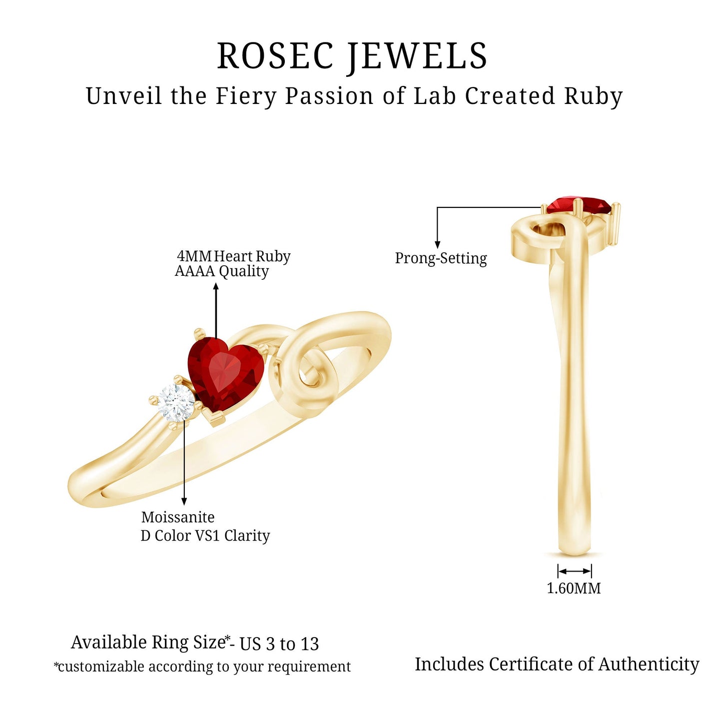 Created Ruby Heart Ring With Moissanite