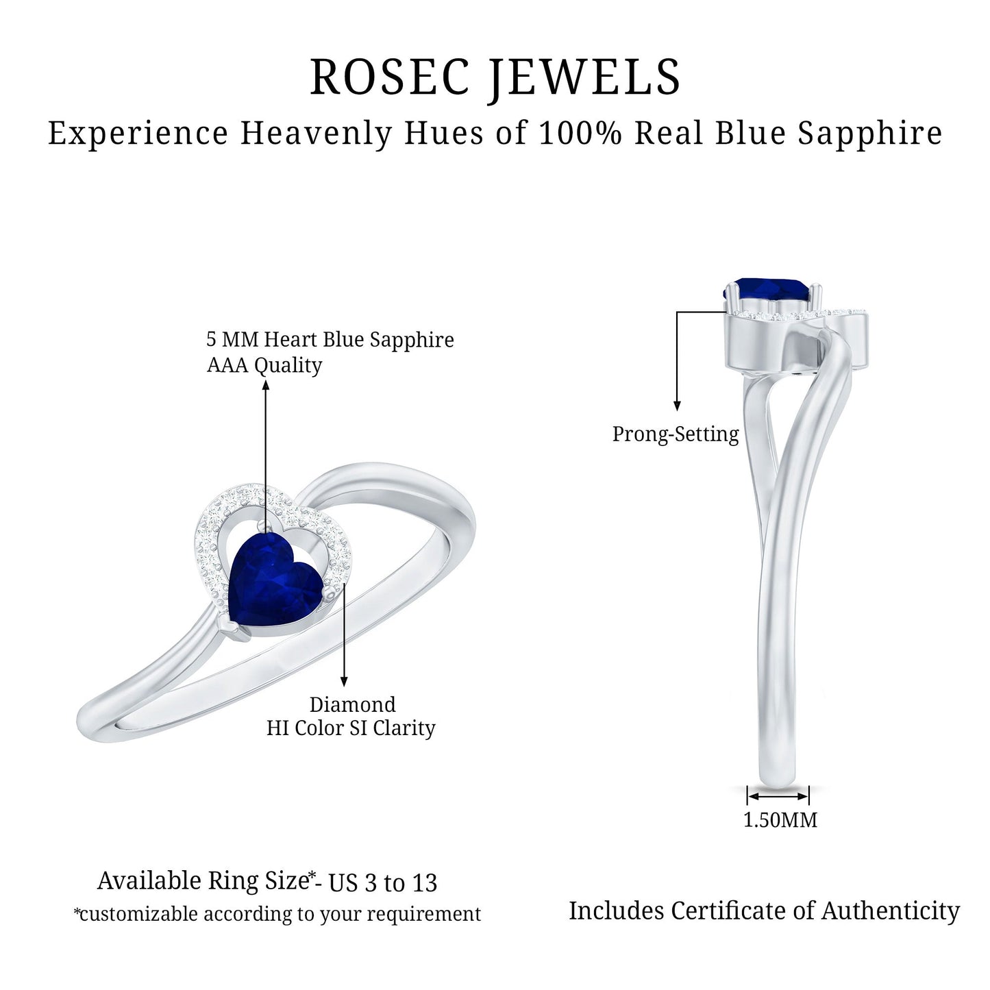 1/2 CT Blue Sapphire Heart Promise Ring with Diamond
