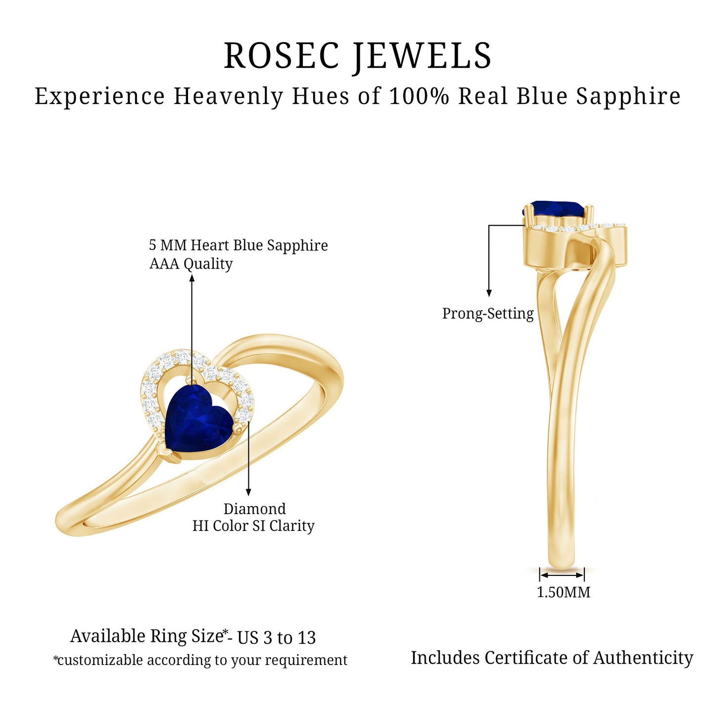 1/2 CT Blue Sapphire Heart Promise Ring with Diamond