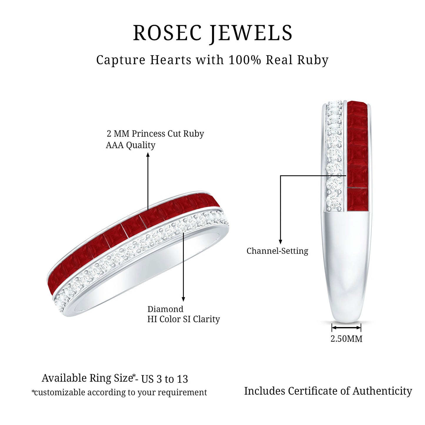 Natural 0.7 Carat Princess Cut Ruby Diamond Wedding Band Ring for Women