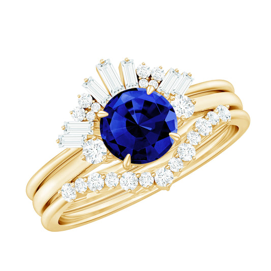 Certified Lab Grown Blue Sapphire 3 Piece Bridal Ring Set with Diamond