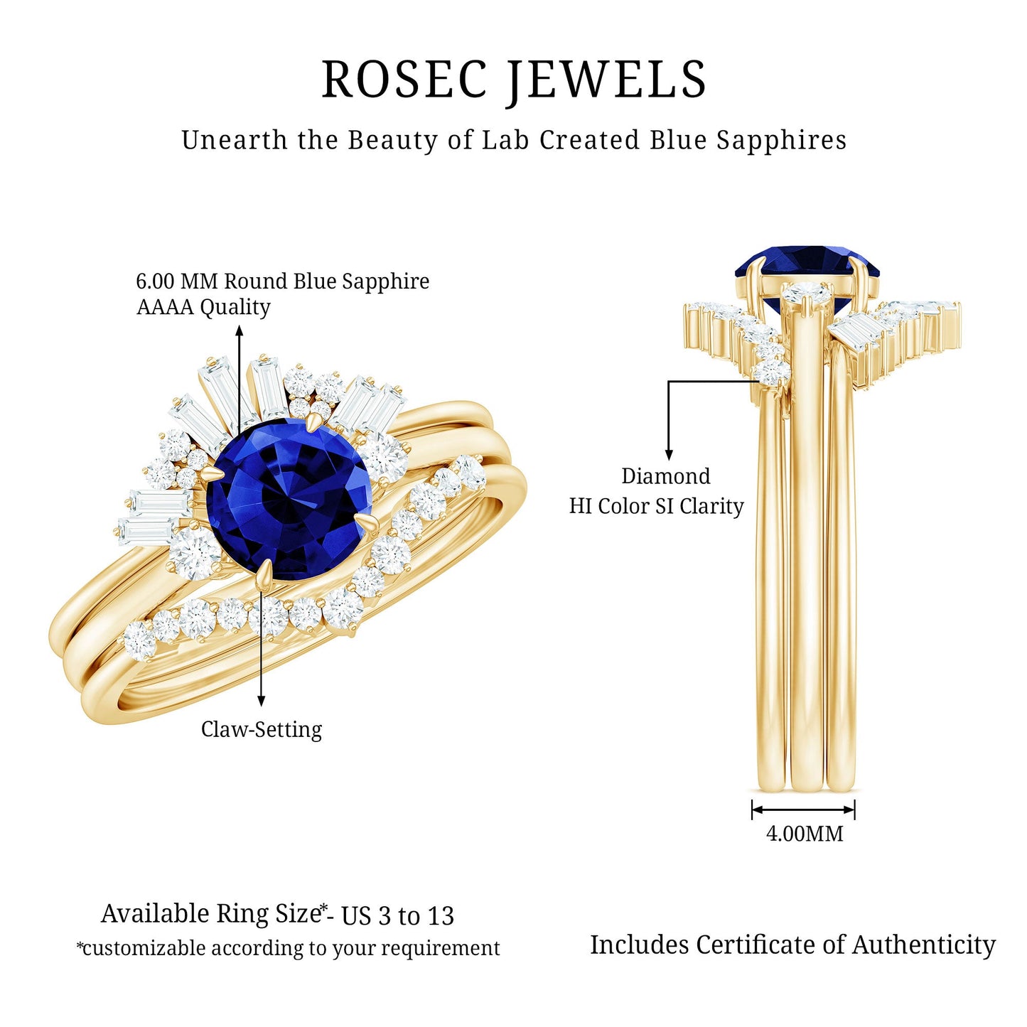 Certified Lab Grown Blue Sapphire 3 Piece Bridal Ring Set with Diamond