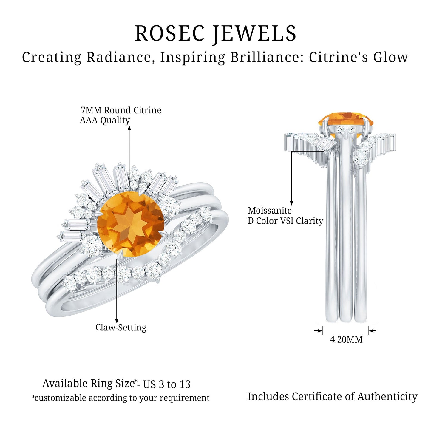 Designer Citrine 3 Piece Wedding Ring Set with Moissanite