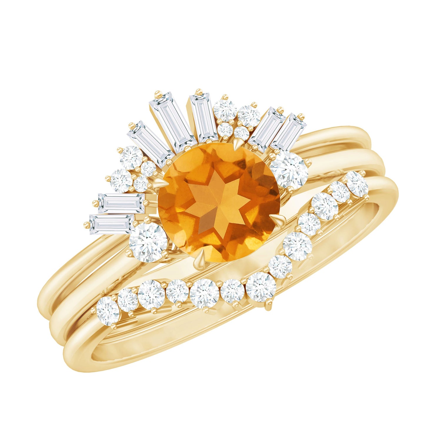 Designer Citrine 3 Piece Wedding Ring Set with Moissanite