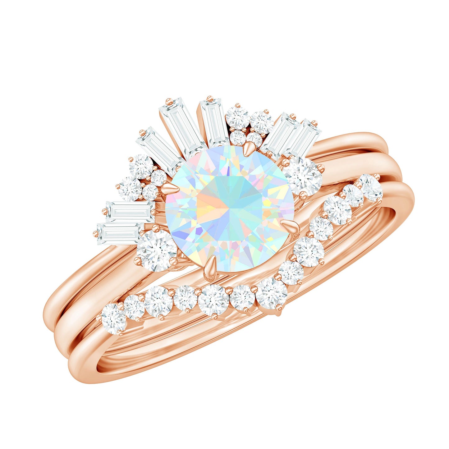 Natural Ethiopian Rainbow Opal Diamond Wedding Bridal Ring Set of 3