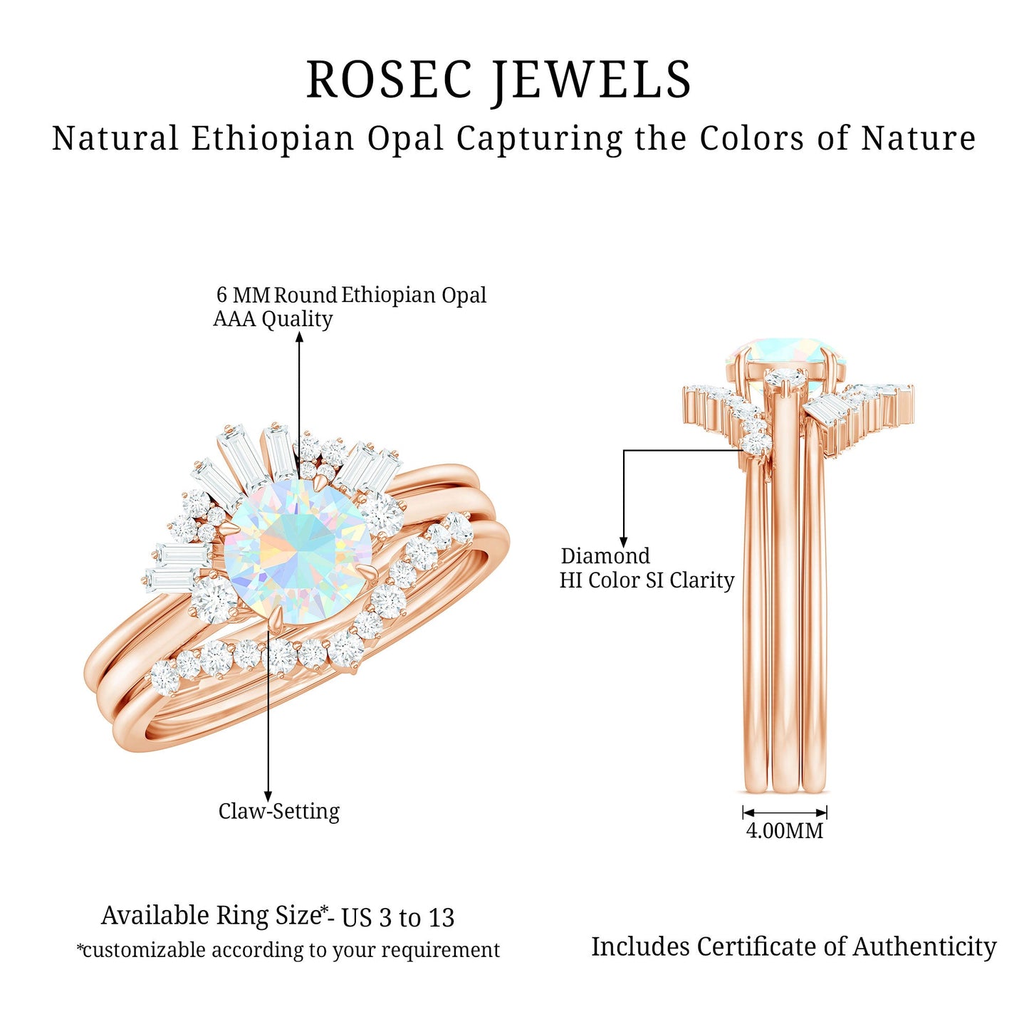 Natural Ethiopian Rainbow Opal Diamond Wedding Bridal Ring Set of 3